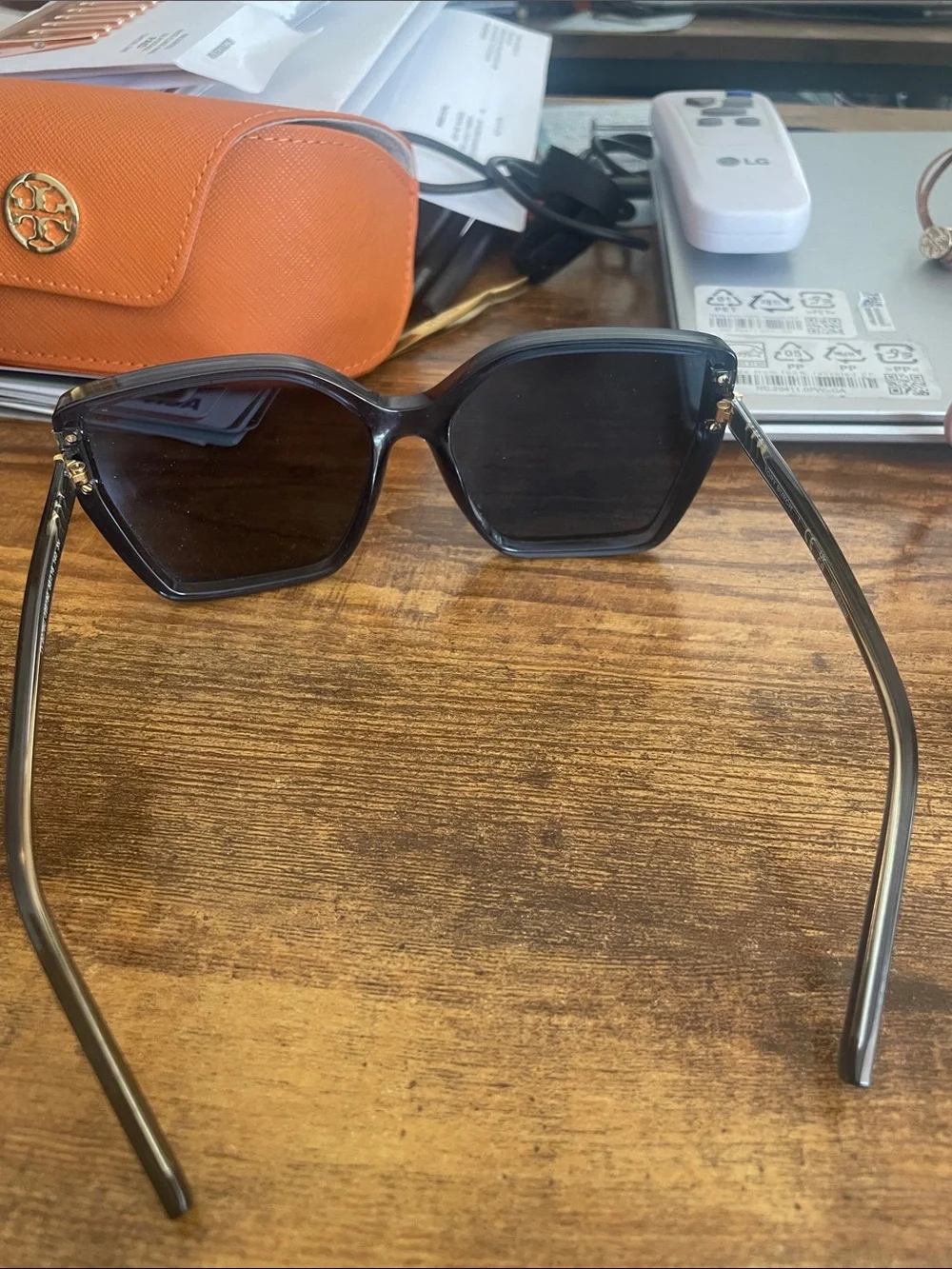 Tory Burch Black Oversized Square Sunglasses with Gold Accents